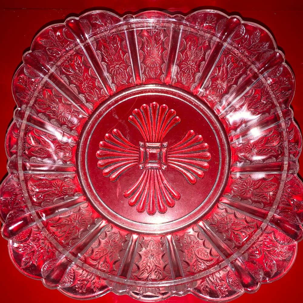 EAPG Heavily Etched Square Glass Bowl